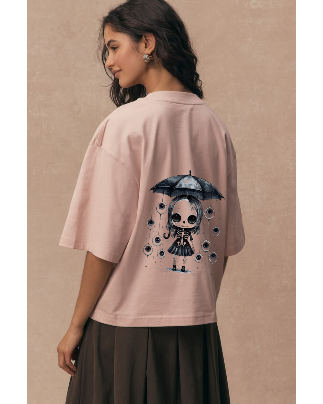 ThreadVerse | Skeleton Girl Oversized T-Shirt | Anime Streetwear | Unisex Pink Graphic Tee | DTF Printed