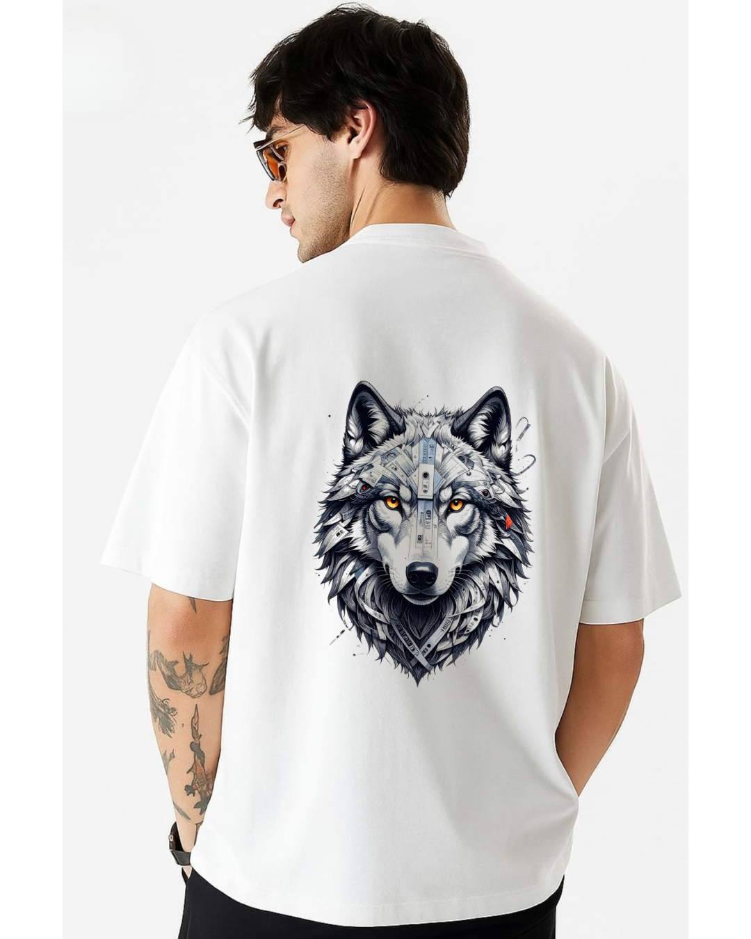 ThreadVerse | Cassette Wolf Oversized T-Shirt | Anime Streetwear | Unisex White Graphic Tee | DTF Printed