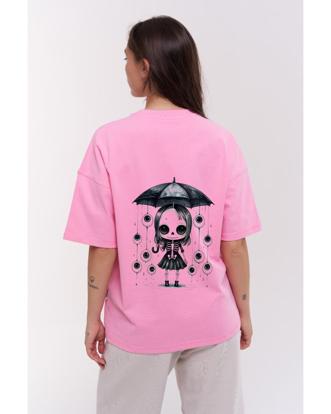 ThreadVerse | Skeleton Girl Oversized T-Shirt | Anime Streetwear | Unisex Pink Graphic Tee | DTF Printed