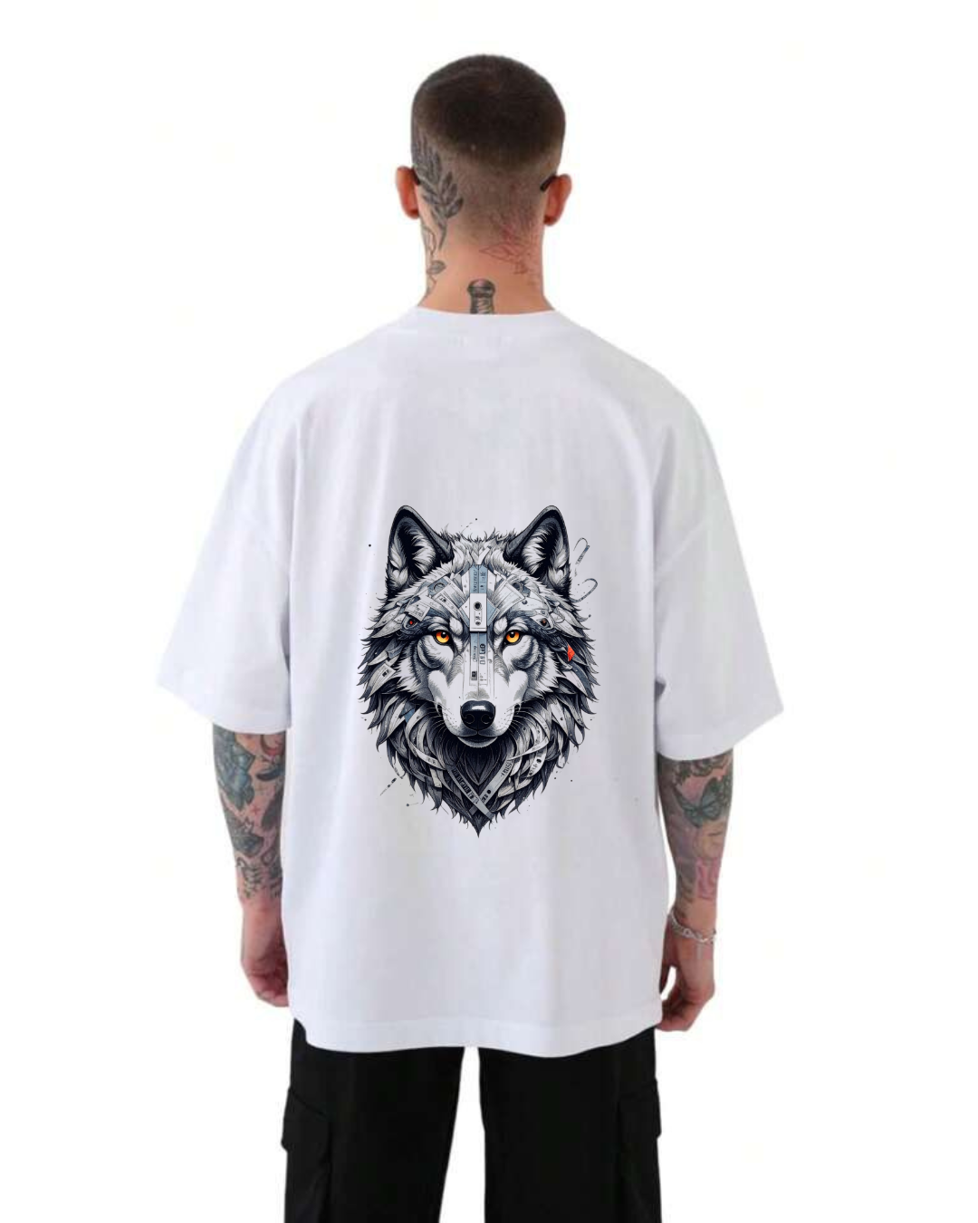 ThreadVerse | Cassette Wolf Oversized T-Shirt | Anime Streetwear | Unisex White Graphic Tee | DTF Printed