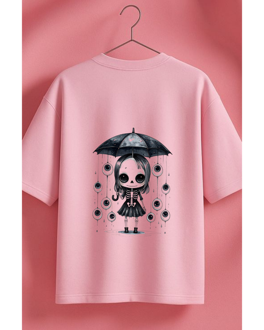 ThreadVerse | Skeleton Girl Oversized T-Shirt | Anime Streetwear | Unisex Pink Graphic Tee | DTF Printed