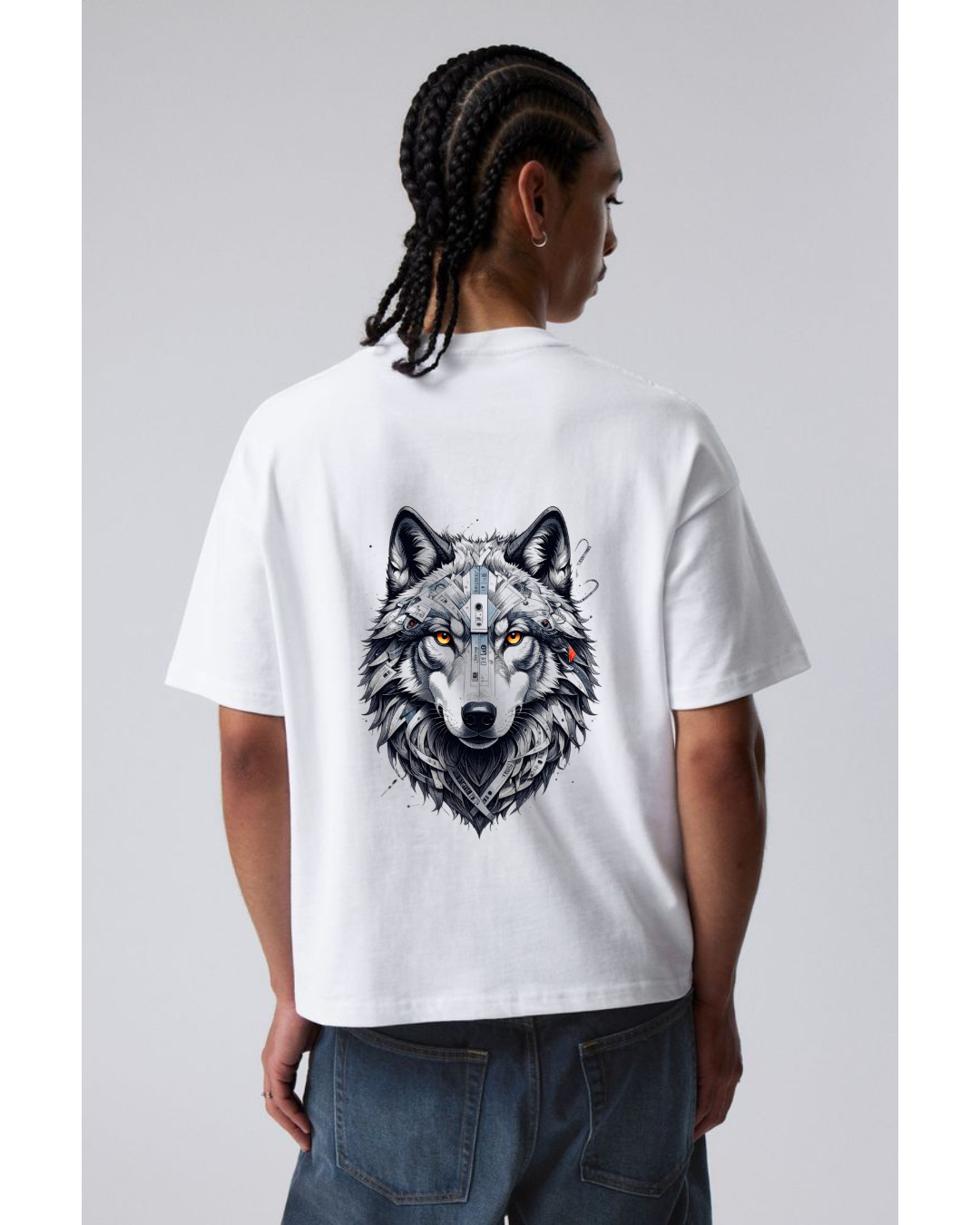 ThreadVerse | Cassette Wolf Oversized T-Shirt | Anime Streetwear | Unisex White Graphic Tee | DTF Printed