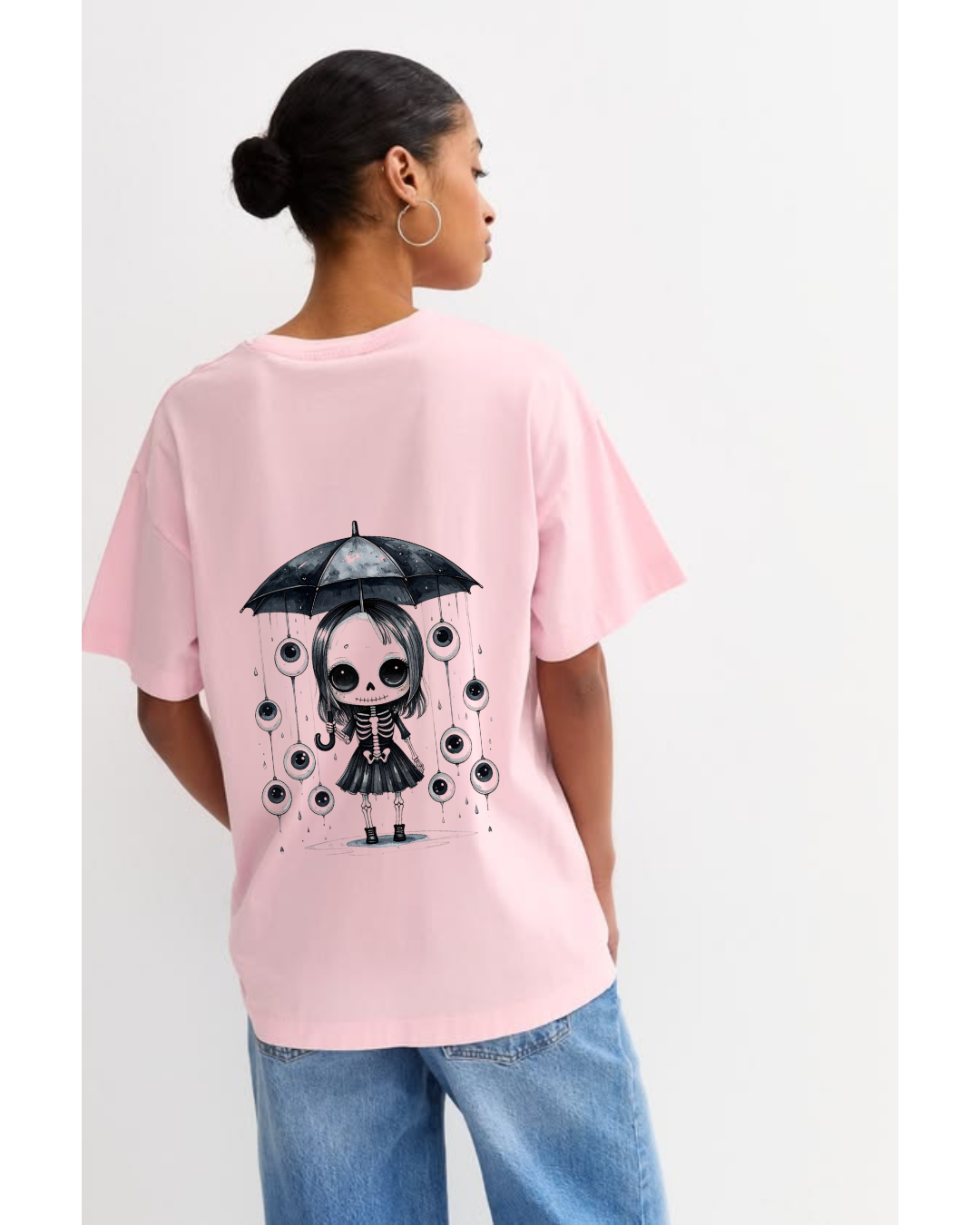 ThreadVerse | Skeleton Girl Oversized T-Shirt | Anime Streetwear | Unisex Pink Graphic Tee | DTF Printed