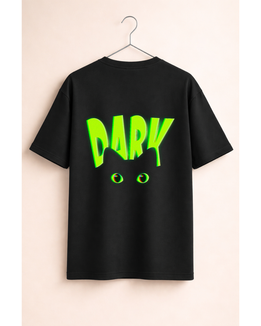DARK Black Cat Glow in the Dark Oversized T-Shirt | Neon Green Cat Eyes Graphic Tee for Men & Women
