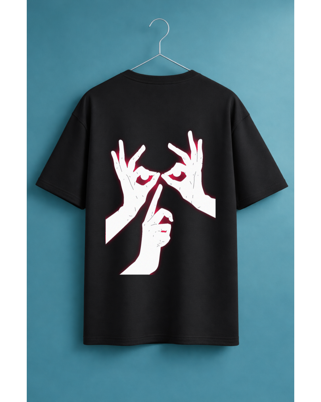 Red Glow Hands OK Sign Oversized Black T-Shirt | Aesthetic Streetwear Tee