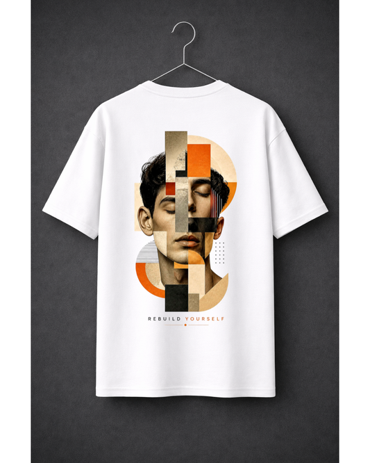 Rebuild Yourself Oversized Graphic T-Shirt – Abstract Collage Face Streetwear Tee