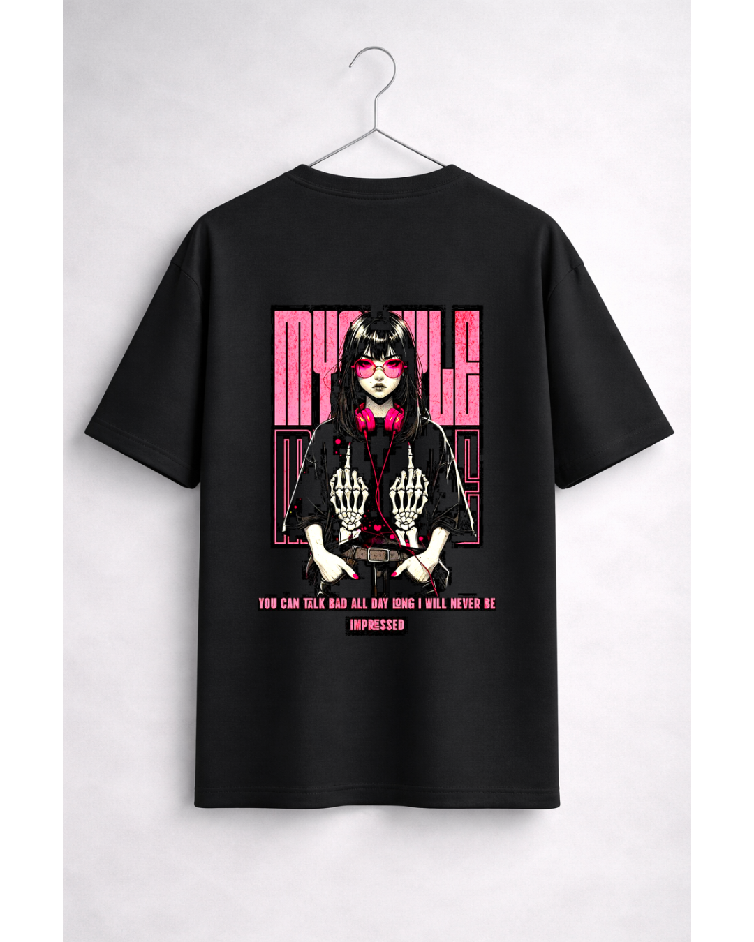 Threadverse Anime Attitude Oversized T-Shirt – Pink Aesthetic Streetwear Back Print