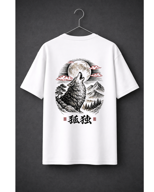 Wolf Moon Japanese T-Shirt – Howling Wolf Anime Streetwear Tee | Nature Samurai Aesthetic Graphic | Unisex Oversized T-Shirt