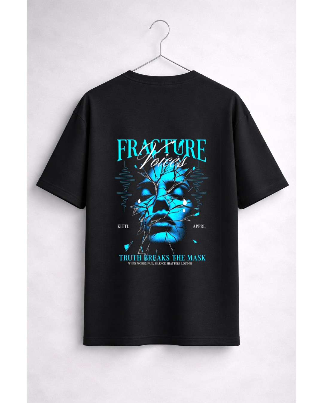 Fracture Voices Truth Breaks The Mask Oversized Black T-Shirt | Blue Glow Aesthetic Tee