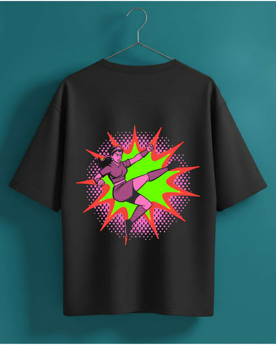 Bollywood Brawler Oversized T-Shirt | Desi Action Heroine Pop Art Black Tee