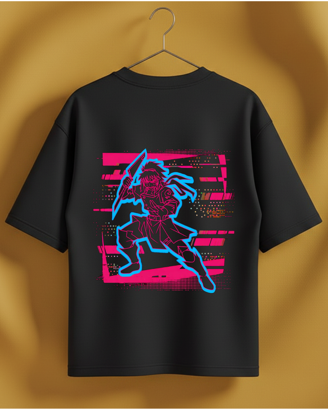 Neon Nostalgia Oversized T-Shirt | Retro Anime Warrior Glitch Tee