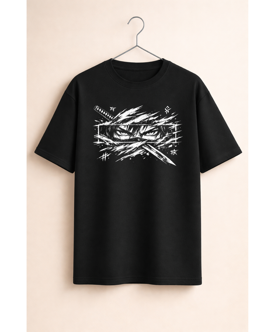 Anime Samurai Eyes T-Shirt – Japanese Streetwear Graphic Tee | Grunge Warrior Design | Unisex Black T-Shirt