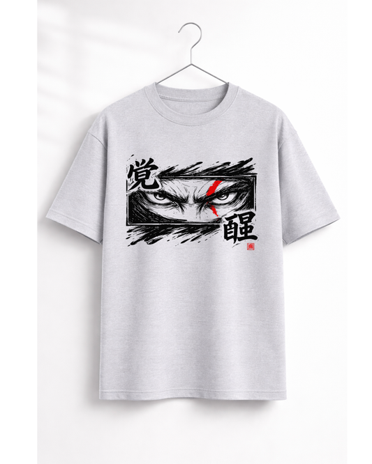 Awaken Samurai Eyes T-Shirt – Japanese Anime Streetwear Graphic Tee | Red Accent Warrior Design | Unisex Oversized T-Shirt